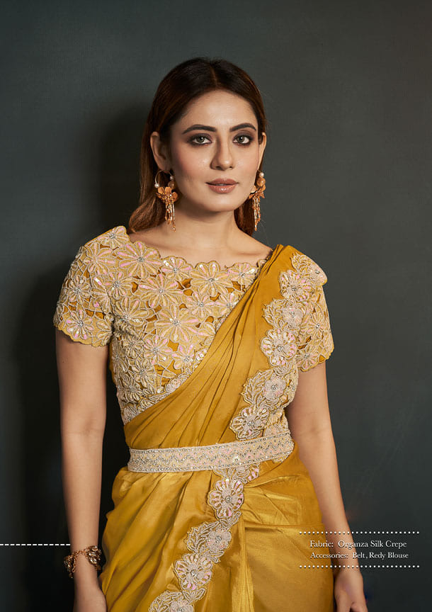 Mustard Pre-Stitched Saree In Contemporary Style