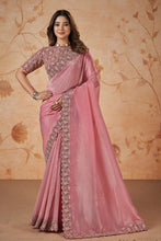 Load image into Gallery viewer, Coral Pink Designer Party Wear Crepe Crush Satin Silk Saree With Thread, Sequence, And Cord Work