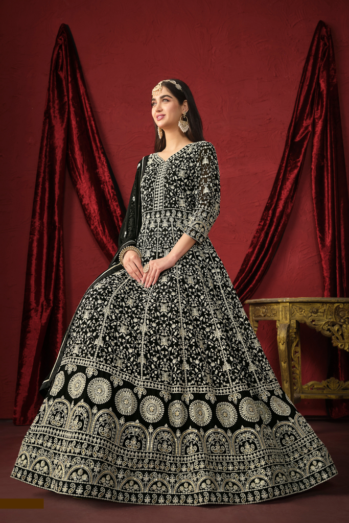 Black Embroidered Faux Georgette Anarkali Suit