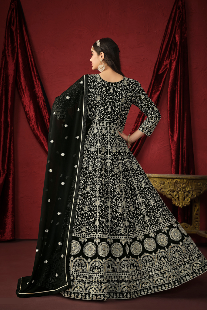 Black Embroidered Faux Georgette Anarkali Suit