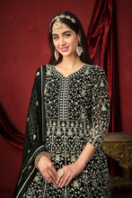 Load image into Gallery viewer, Black Embroidered Faux Georgette Anarkali Suit