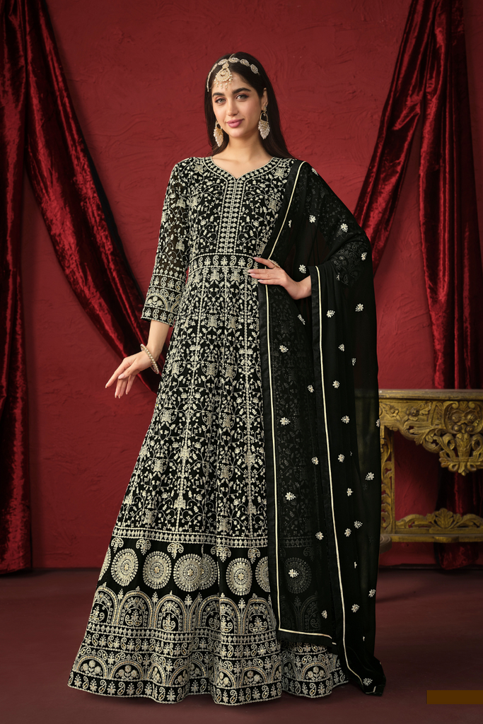 Black Embroidered Faux Georgette Anarkali Suit