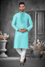 Load image into Gallery viewer, Blue Silk Coral Kurta Set