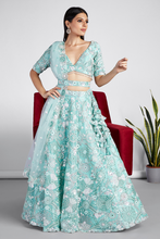 Load image into Gallery viewer, Turquoise Blue Net Sequins And Zarkan Embroidery Lehenga Choli &amp; Dupatta