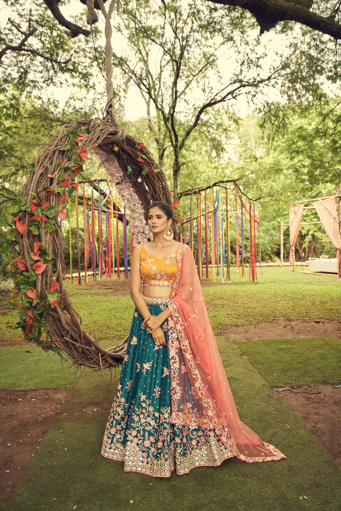 Teal Pure Georgette Lehenga With Sequins and Thread Work Embroider