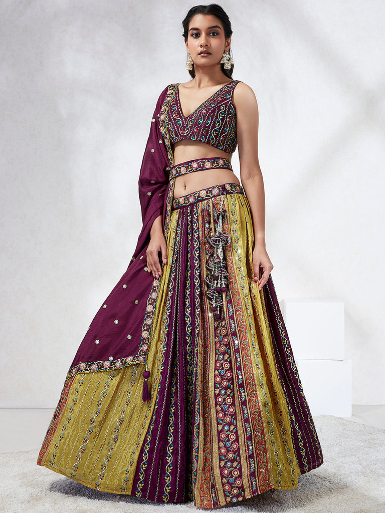 Burgundy Chiffon Sequins Embroidery Semi-Stitched Lehenga Choli & Dupatta