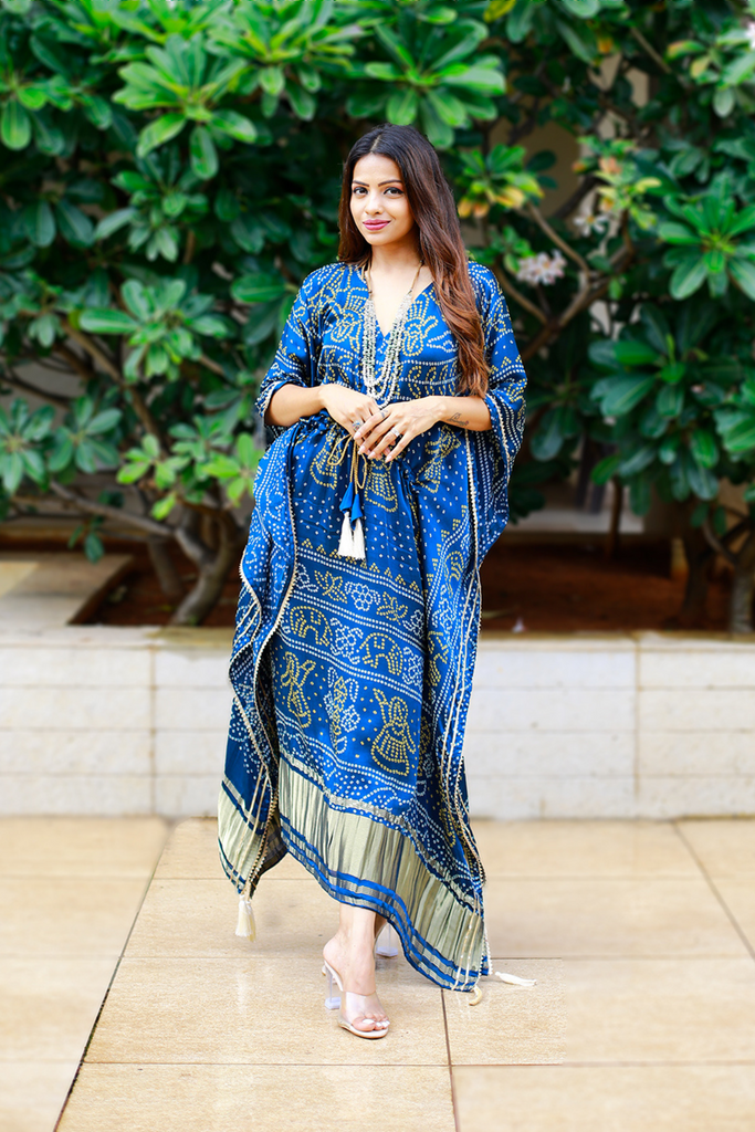 Navy Blue Color Digital Bandhej Printed Pure Gaji Silk Kaftan - Diva D London LTD