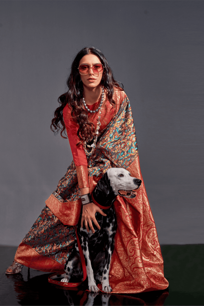 Black Handloom Weaved Kashmiri Pashmina Silk Saree