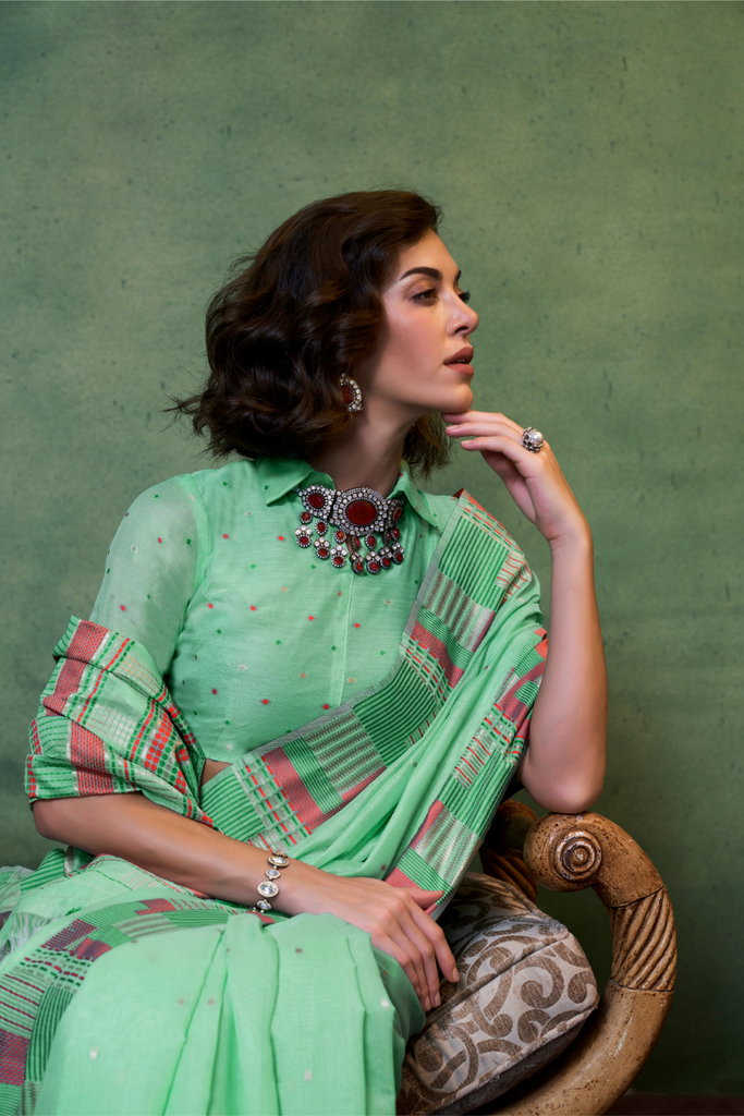 Cool Green Handwoven Cotton Silk Saree With Brocade Blouse