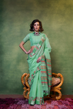 Load image into Gallery viewer, Cool Green Handwoven Cotton Silk Saree With Brocade Blouse