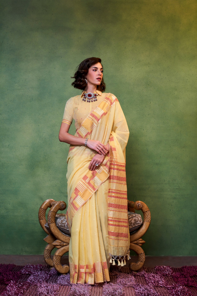 Banana Yellow Handwoven Cotton Silk Saree With Brocade Blouse