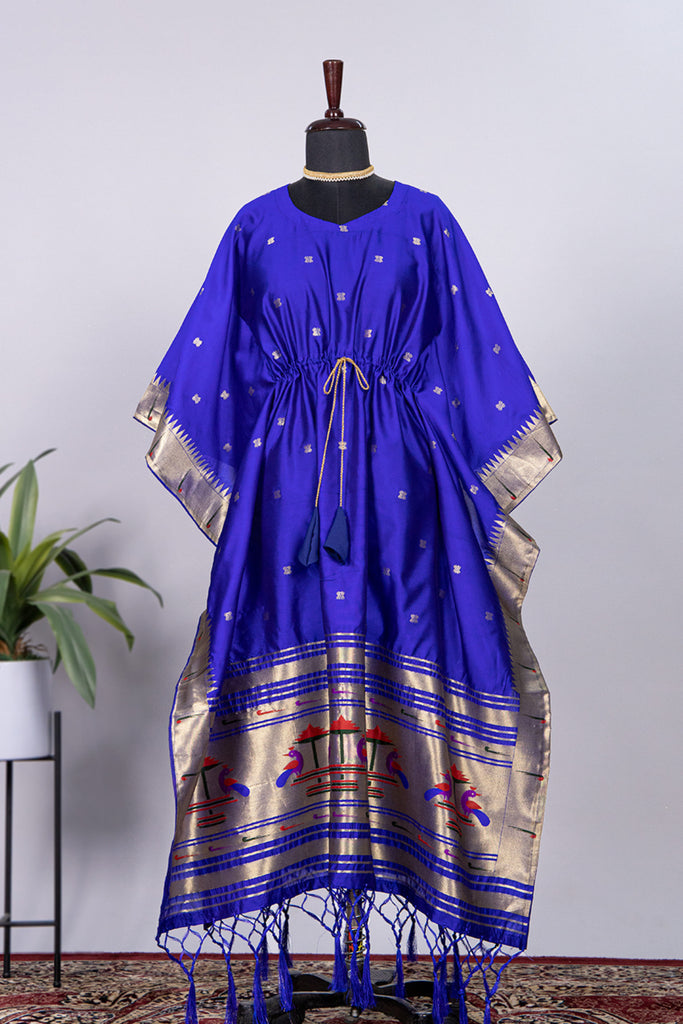 Blue Color Weaving Zari Work Jacquard Paithani Kaftan Dress - Diva D London LTD