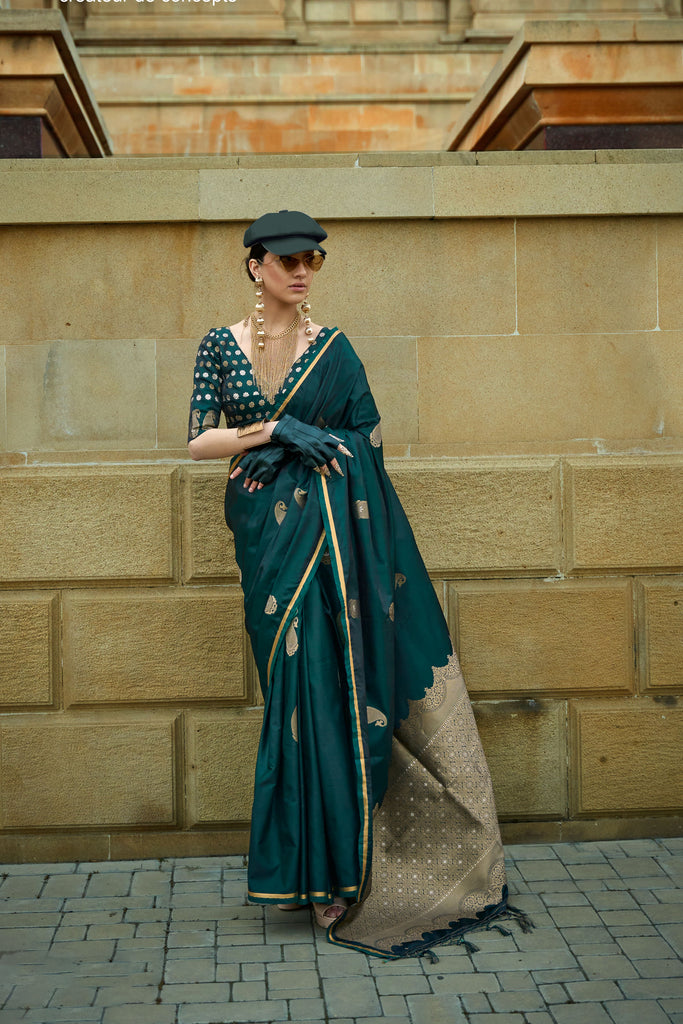 Teal Green Pure Handloom Weaving Satin Silk Saree