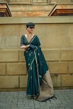 Load image into Gallery viewer, Teal Green Pure Handloom Weaving Satin Silk Saree