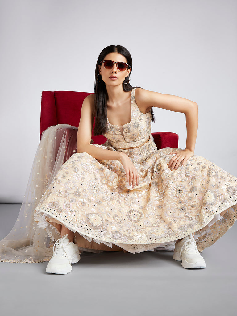 Cream Net Sequins Mirror Thread Embroidery Lehenga Choli & Dupatta