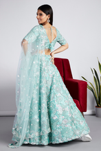 Load image into Gallery viewer, Turquoise Blue Net Sequins And Zarkan Embroidery Lehenga Choli &amp; Dupatta