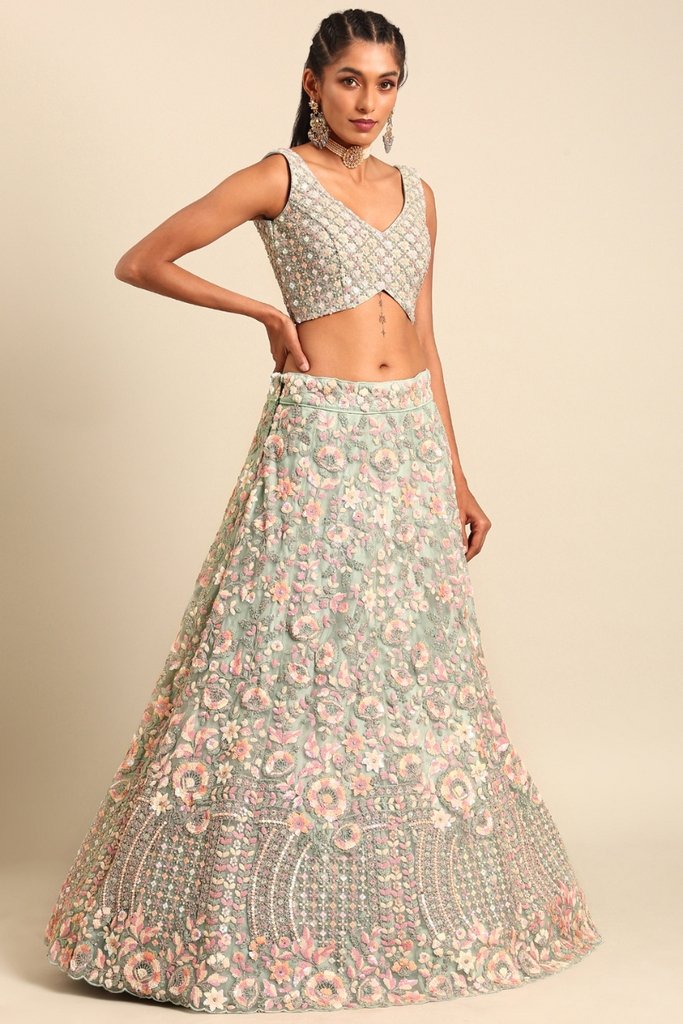 Sea Green net multi sequins with heavy zarkan embroidery semi-stitched lehenga choli & dupatta