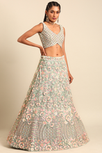 Load image into Gallery viewer, Sea Green net multi sequins with heavy zarkan embroidery semi-stitched lehenga choli &amp; dupatta