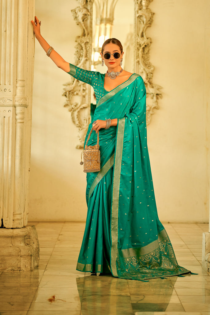 Turquoise Banarasi Satin Silk Saree with Brocade Bouse