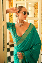 Load image into Gallery viewer, Turquoise Banarasi Satin Silk Saree with Brocade Bouse