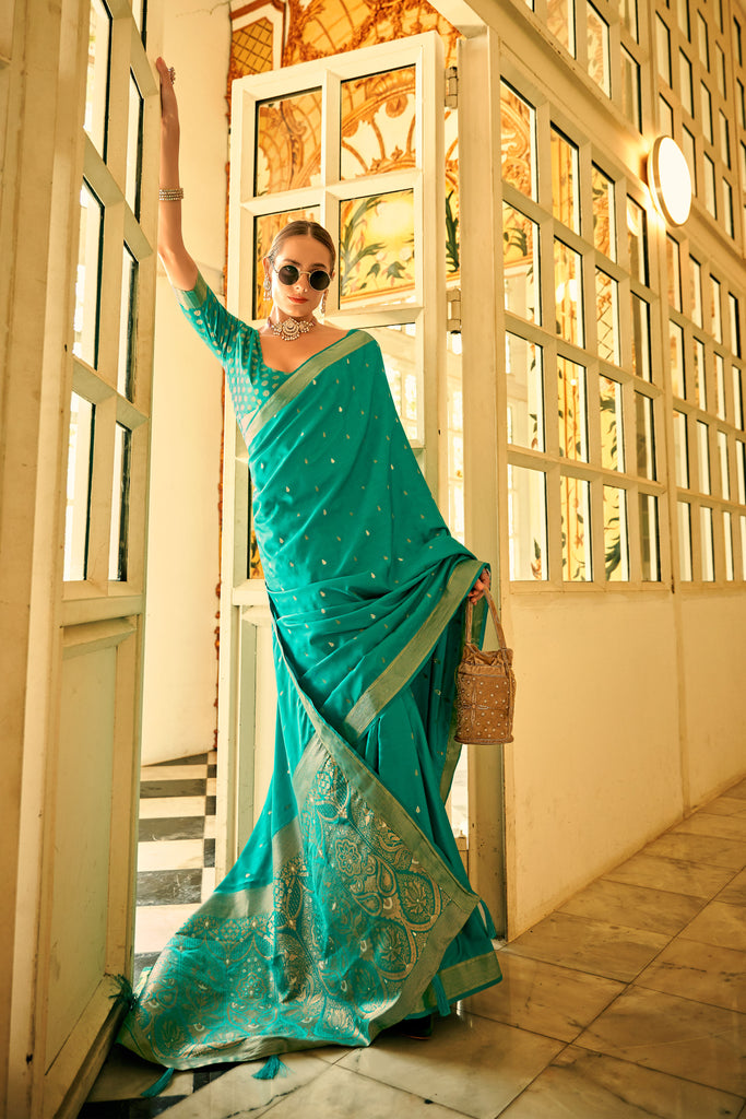 Turquoise Banarasi Satin Silk Saree with Brocade Bouse