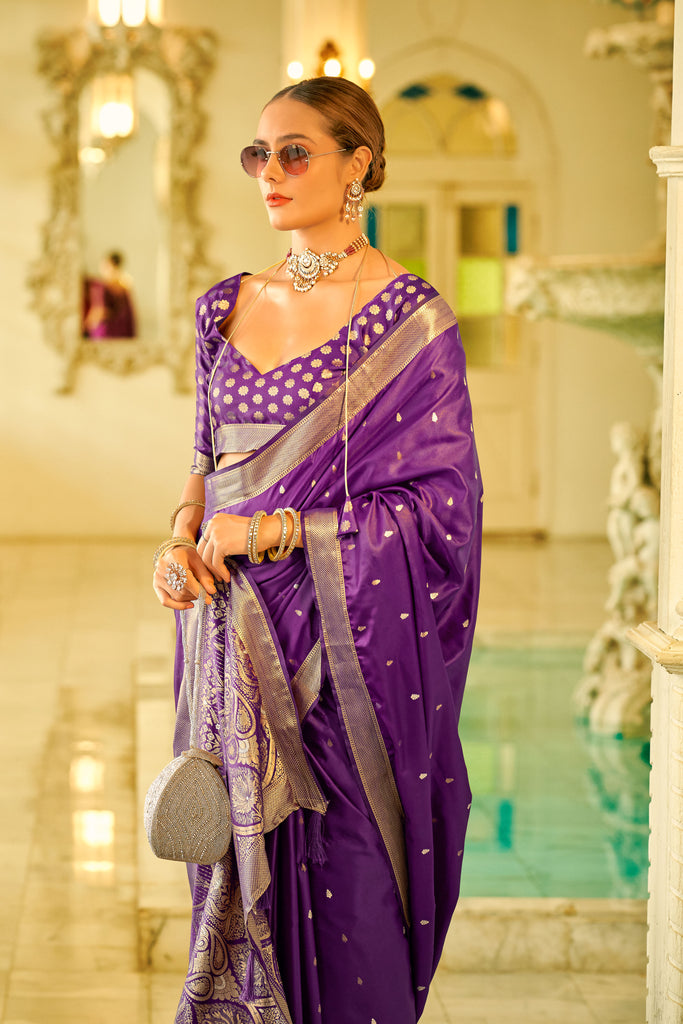 Purple Banarasi Satin Silk Saree with Brocade Blouse