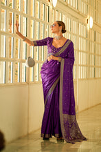 Load image into Gallery viewer, Purple Banarasi Satin Silk Saree with Brocade Blouse