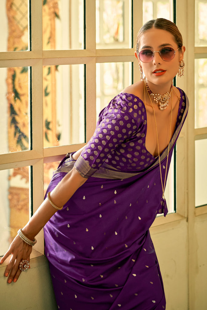 Purple Banarasi Satin Silk Saree with Brocade Blouse