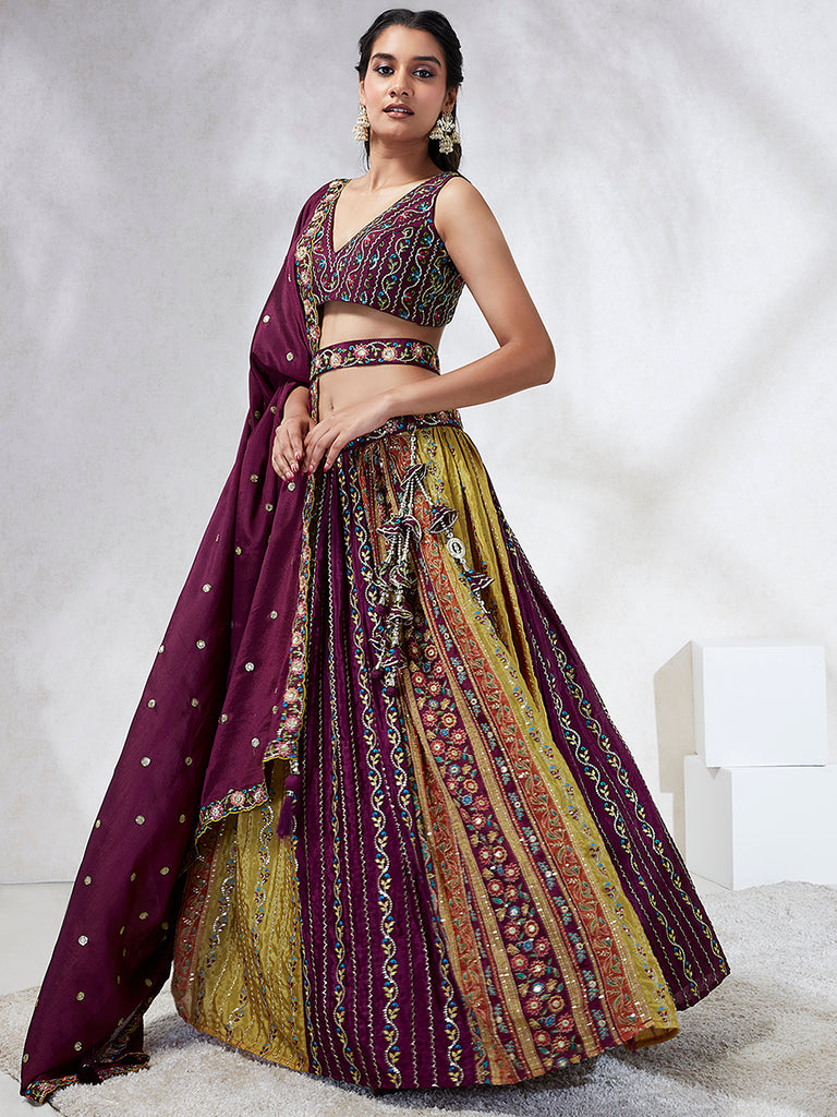 Burgundy Chiffon Sequins Embroidery Semi-Stitched Lehenga Choli & Dupatta