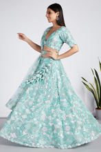 Load image into Gallery viewer, Turquoise Blue Net Sequins And Zarkan Embroidery Lehenga Choli &amp; Dupatta