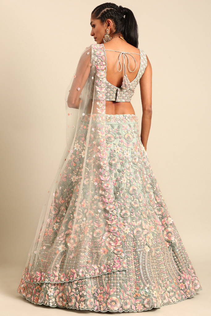 Sea Green net multi sequins with heavy zarkan embroidery semi-stitched lehenga choli & dupatta