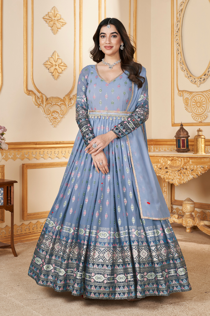 Designer Grey Georgette With Metallic Foil Embroidery