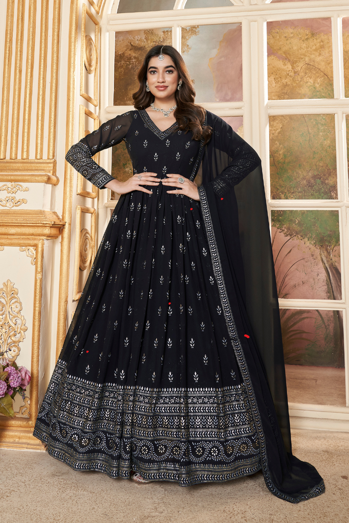 Navy Blue Party Wear Exclusive Foil Printed Anarkali