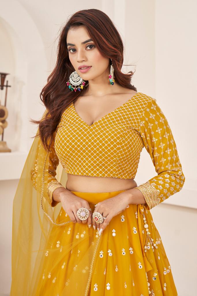 Mustard Georgette Lehenga Choli With Sequence