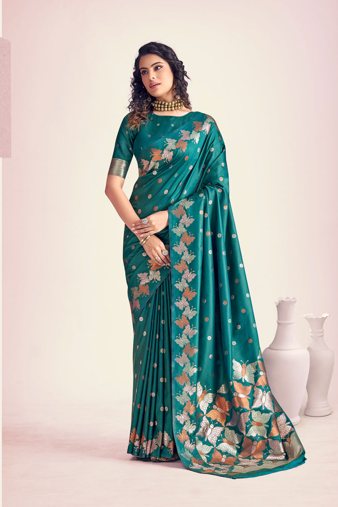 Teal Green Butterfly Silk Saree With Foil Print