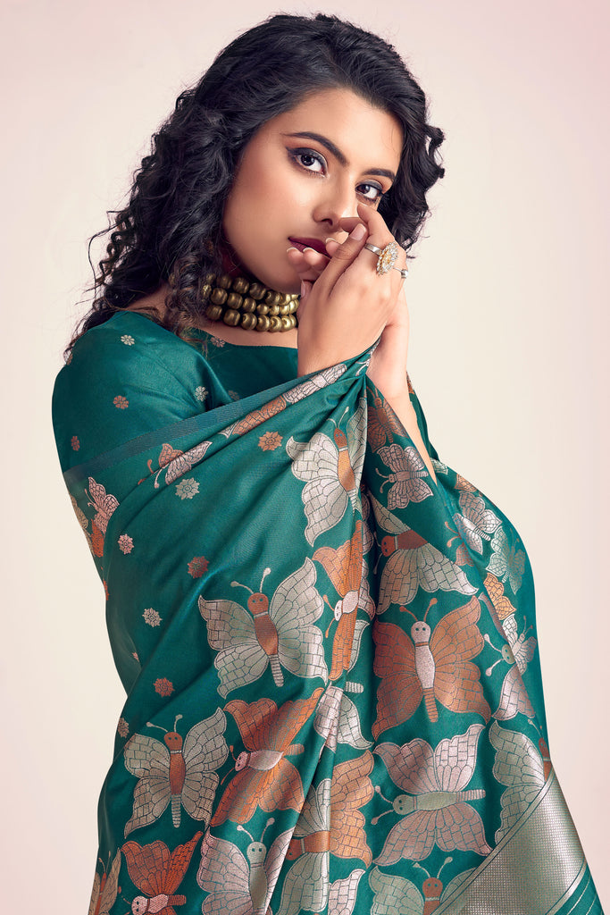 Teal Green Butterfly Silk Saree With Foil Print