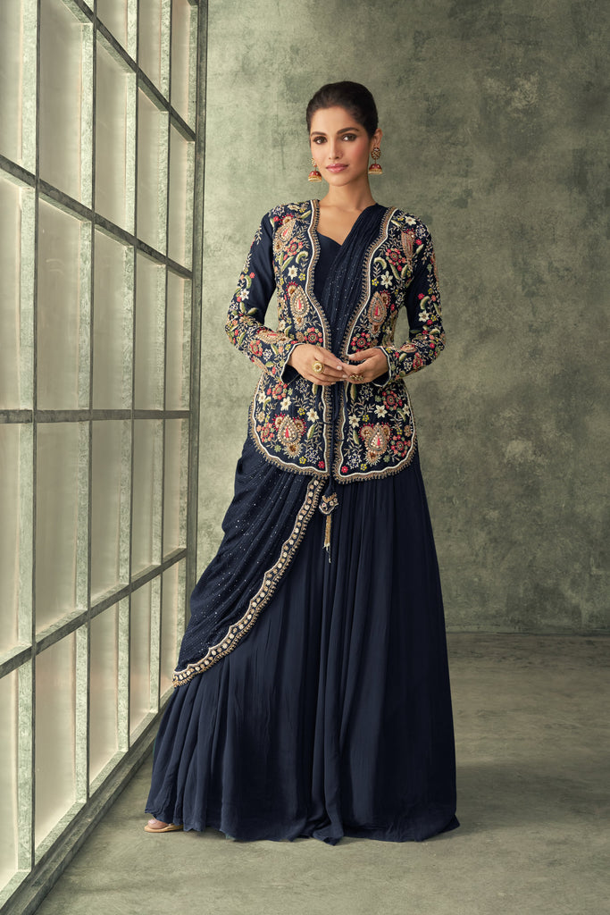 Prussian Blue Indo Western Wedding Wear Suit With Embroidered Ethnic Jacket - Diva D London LTD