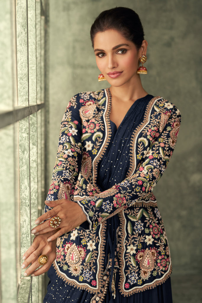 Prussian Blue Indo Western Wedding Wear Suit With Embroidered Ethnic Jacket - Diva D London LTD