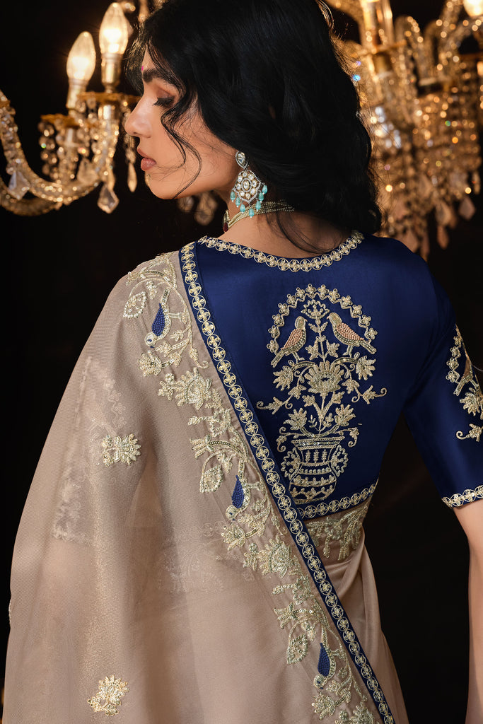 Beige Fancy Embroidered Wedding Saree