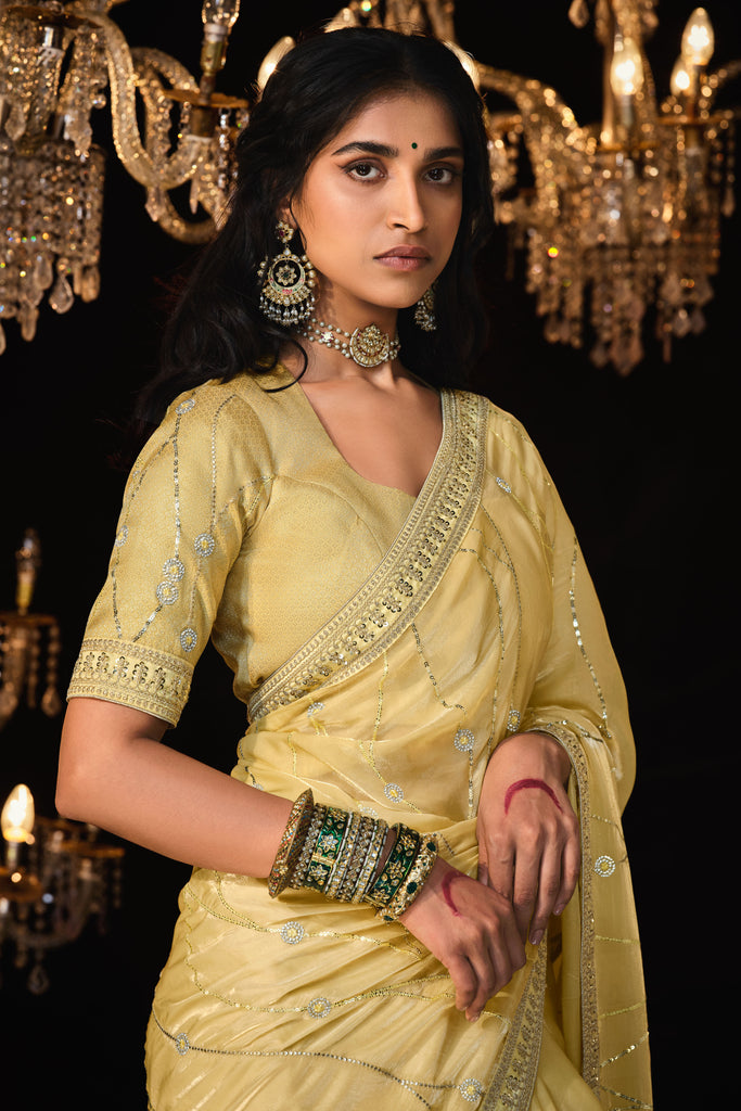 Yellow Silk Engagement Saree With Embroidered Work