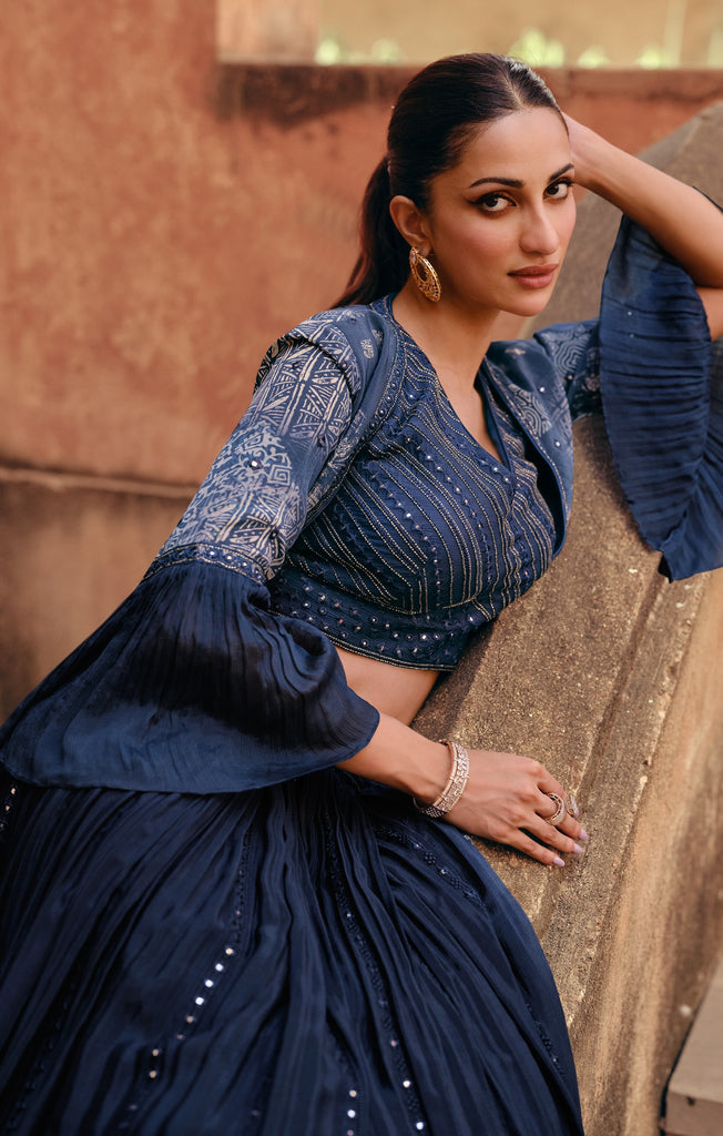 Dark Blue Indo Western Wedding Wear Suit With Embroidered Ethnic Jacket - Diva D London LTD