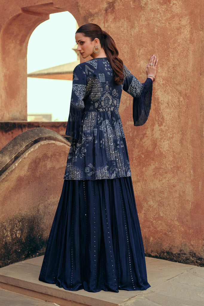 Dark Blue Indo Western Wedding Wear Suit With Embroidered Ethnic Jacket - Diva D London LTD