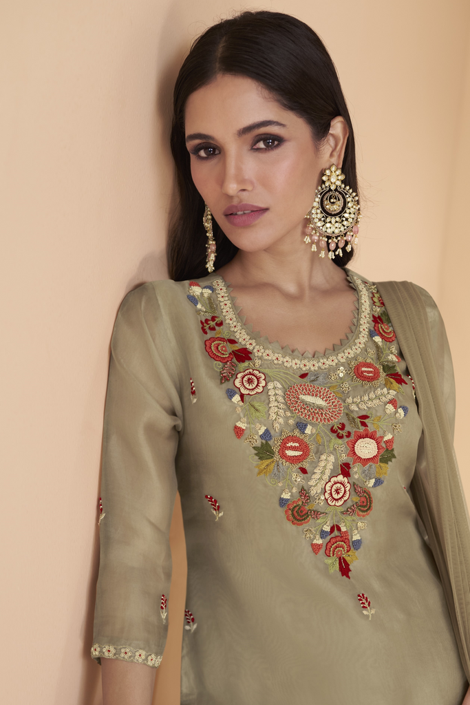 Brown Organza Silk Salwar Suit With Floral Embroidery Work And Net Dupatta - Diva D London LTD