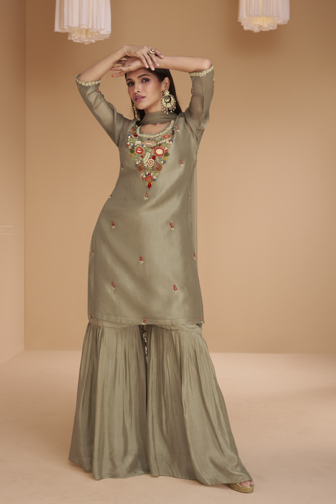 Brown Organza Silk Salwar Suit With Floral Embroidery Work And Net Dupatta - Diva D London LTD