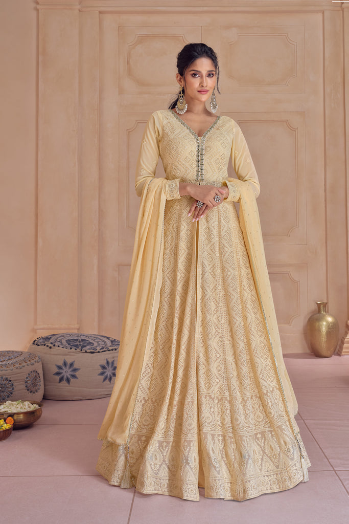 Lemon Yellow Chikenkari Georgette Anarkali