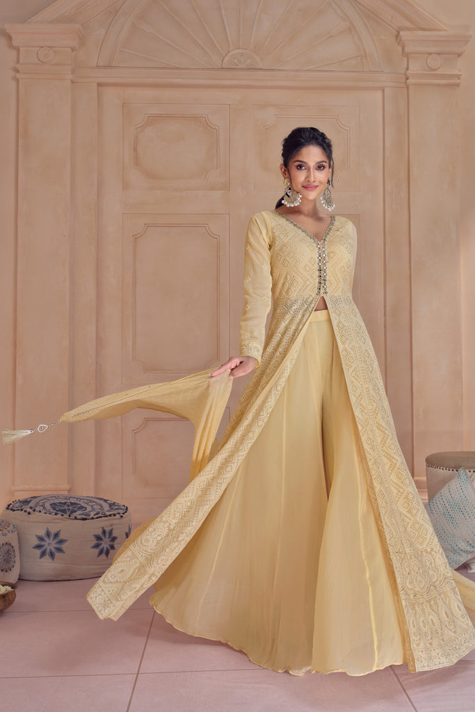 Lemon Yellow Chikenkari Georgette Anarkali