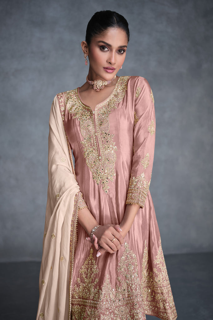 Dusky Pink Palazzo Suit With Embroidery Work