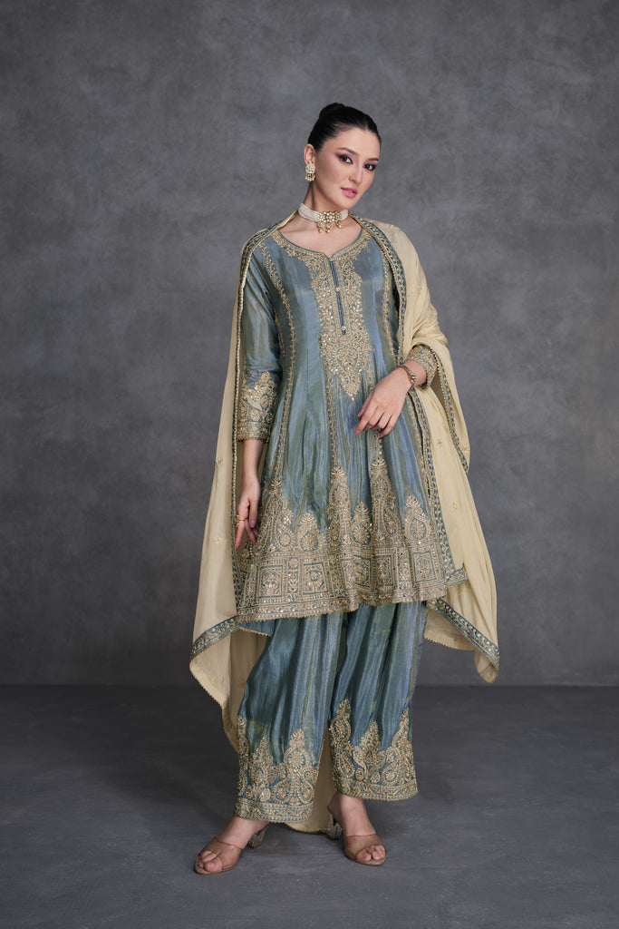 Dark Grey Palazzo Suit With Embroidery Work