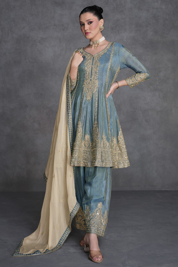 Dark Grey Palazzo Suit With Embroidery Work