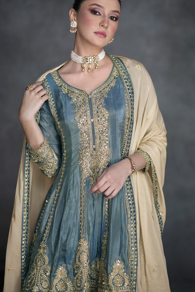 Dark Grey Palazzo Suit With Embroidery Work